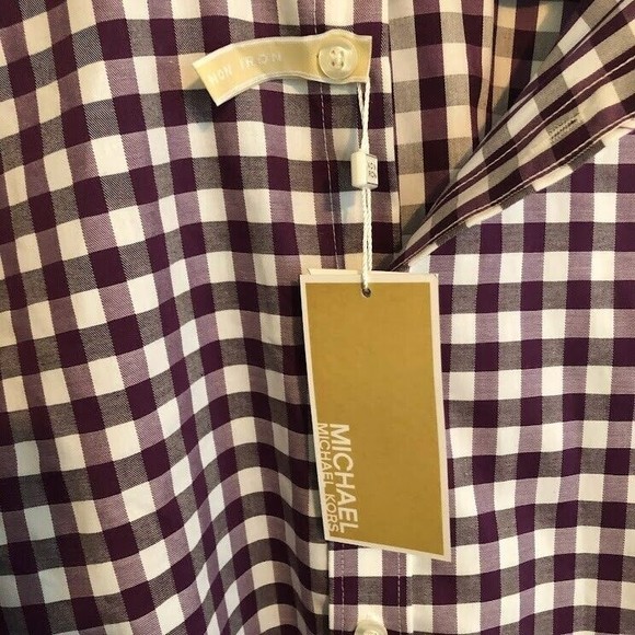 Michael Kors NWT Mens No Iron Button Up Shirt Size 17 32/33 Dark Purple Check - Picture 4 of 7